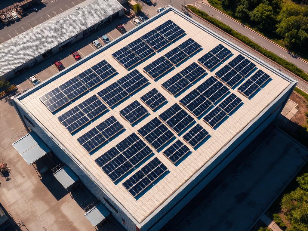 Vista aérea de una nave industrial con techo cubierto de paneles fotovoltaicos